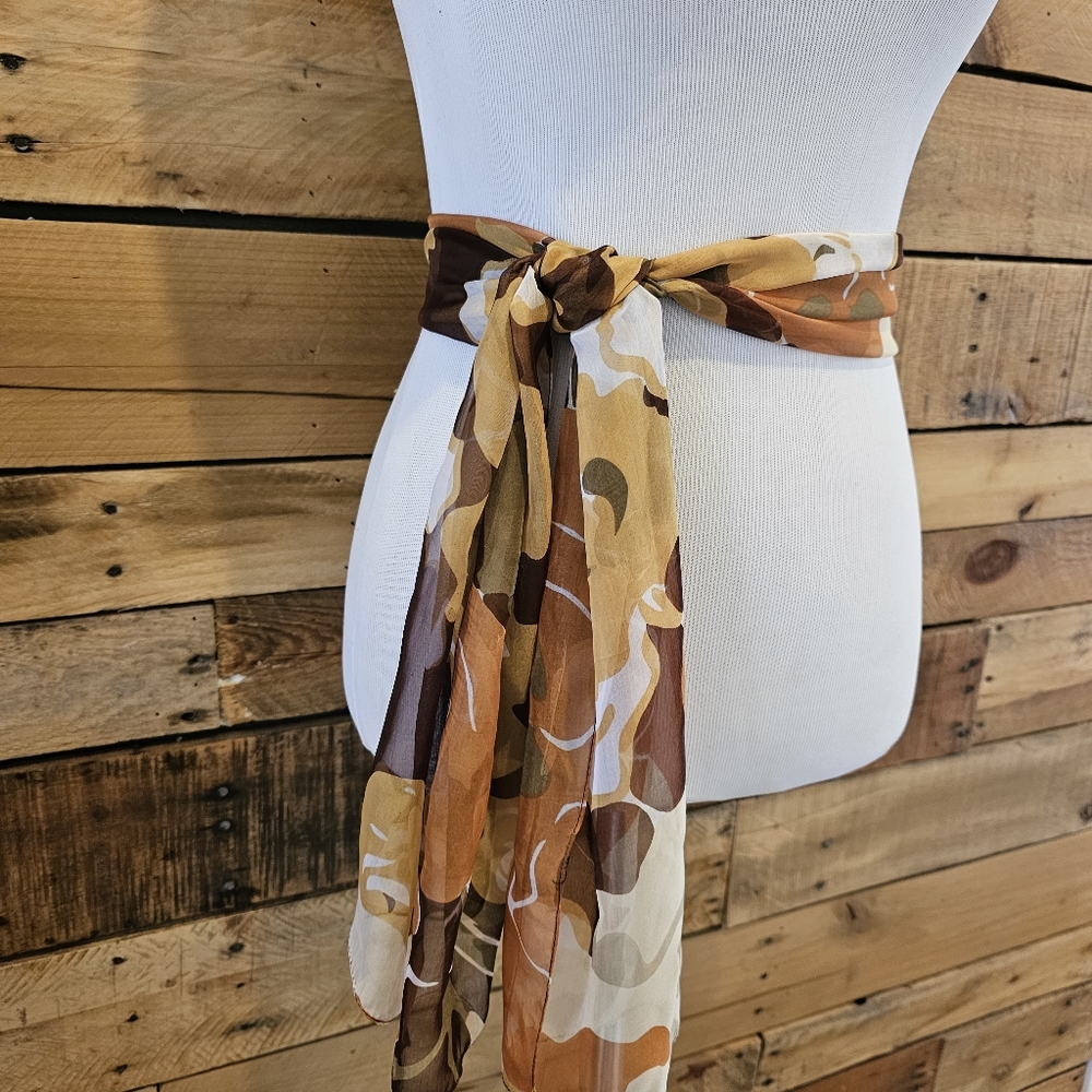 Retro sheer floral scarf in orange, brown, mustard yellow & olive green - Picture 3 of 11